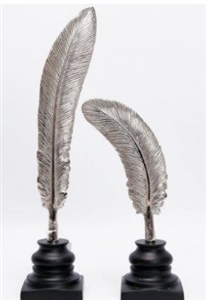 Set Of 2 Silver Feathers On Wooden Bases