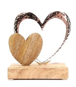 Double Heart On Wooden Base Ornament 18cm