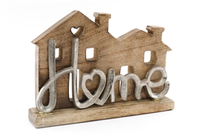 Wooden House With Silver Home Text 33cm