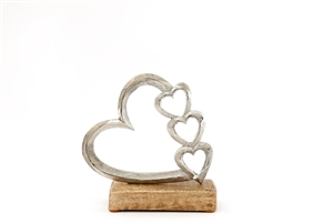 Quad Silver Hearts On Wood Base 17cm