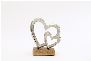 Double Silver Hearts On Wood Base 17cm