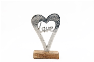 Silver Love Heart On Wood Base 22cm