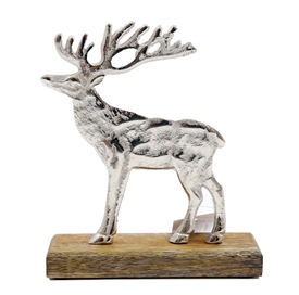 Large Silver Reindeer On Wood Base 16cm