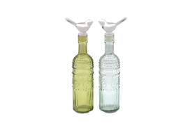 2asst Glass Bottles With Bird Stoppers 20cm