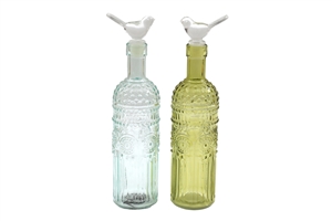 2asst Glass Bottles With Bird Stoppers 24.5cm