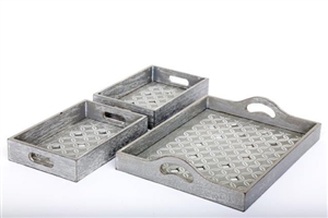 Grey Washed Wooden Trays With Geo Diamond Print Set Of 3