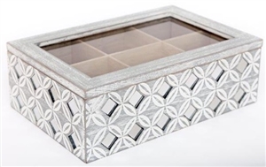 Grey Washed Wooden Tea Storage Box With Geo Diamond Print 24cm