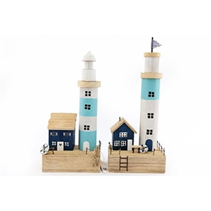 2asst Driftwood Effect Light House On Wood Base 33.5cm