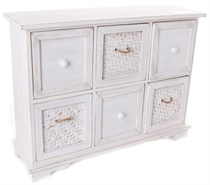 Rustic White Washed Wooden 6 Draw Cabinet With Jute Effect