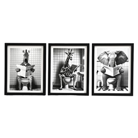 3asst Safari Animal On Toilet Framed Canvas 25cm