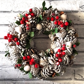 White Pinecone Wreath in Red Box 35cm