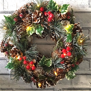LED Ivy & Pinecone Wreath in Red Box 35cm