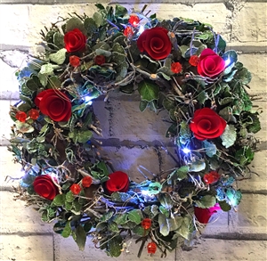 LED Frosted Rose Wreath in Red Box 35cm