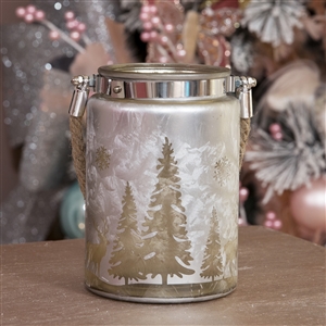 Frosted Silver Christmas Wintery Scene Candle Holder With Rope Handle