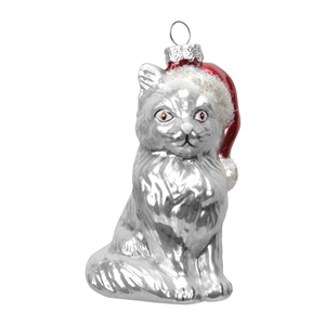 Silver Cat Wearing Santa Hat Christmas Tree Bauble