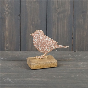 Blue Floral Metal Decoation On Wood Base - Bird 12cm