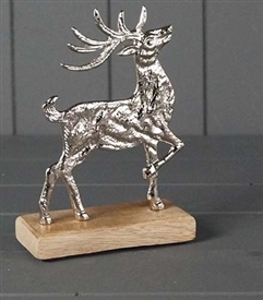 Small Silver Reindeer On Wooden Base 12.5cm
