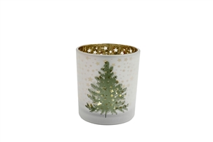 Xmas Tree Round Frosted Candle Holder 8cm