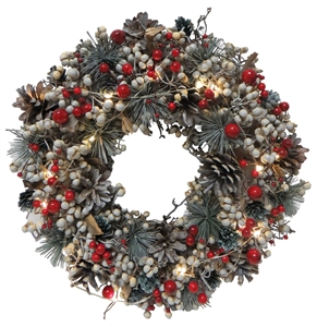 Silver LED Wreath with Berries 36cm