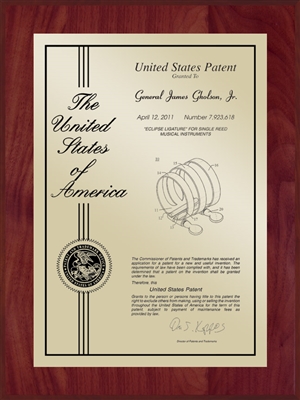 Patent Plaques Custom Wall Hanging Contemporary Patent Plaque - 9" x 12" Gold and Cherry.
