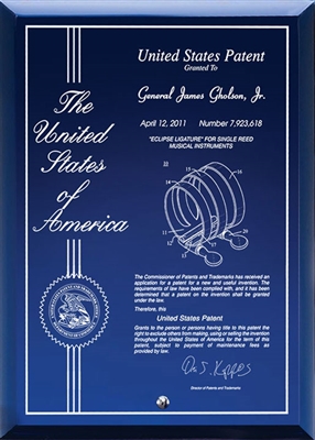 Contemporary Desktop Blue Glass Engraved Patent Plaque - 5" x 7" Laser Engraved / Blue Glass Plaque