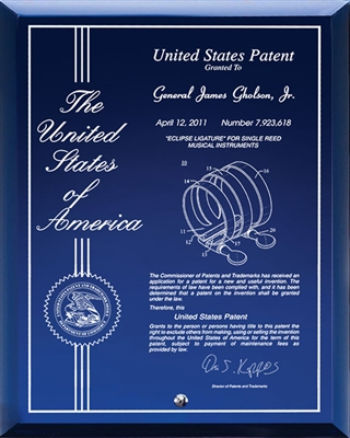Contemporary Desktop Blue Glass Engraved Patent Plaque - 8" x 10" Laser Engraved / Blue Glass Plaque