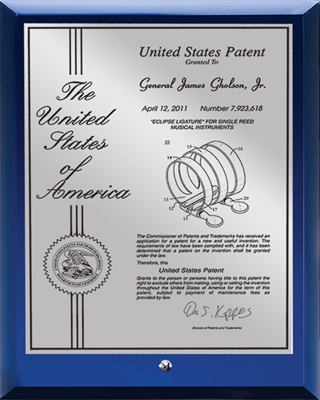 Contemporary Desktop Blue Glass Patent Plaque with Presentation Plate - 8" x 10" Silver Presentation Plate / Blue Glass Plaque