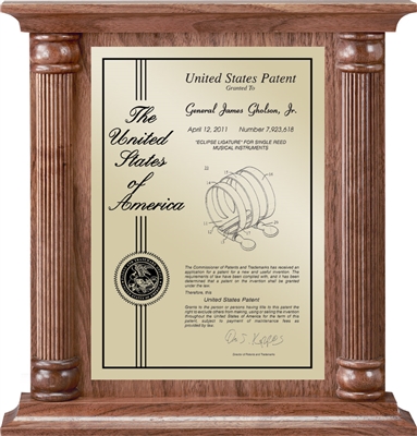 Patent Plaques Custom Wall Hanging Contemporary Column Patent Plaque - 12" x 12.5" Gold and Walnut.