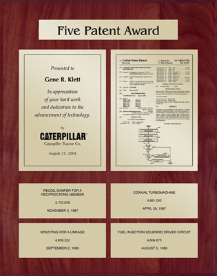 Patent Plaques Custom Wall Hanging 5-Series Patent Plaque - Gold on Cherry.