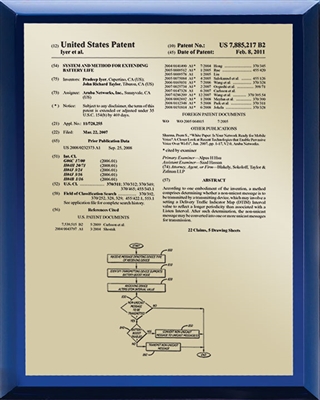 Traditional Wall Hanging Blue Glass Patent Plaque - 8" x 10" Gold Presentation Plate / Blue Glass Plaque