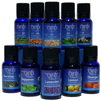 TOP 10 ESSENTIAL OILS PACK, includes Orange, Lemon, Spearmint, Peppermint, Eucalyptus radiata, Frankincense, Lavender, Myrrh, Tea Tree, Lemongrass essential oils by purify skin therapy, 100% pure, certified organic & wildcrafted essential oils