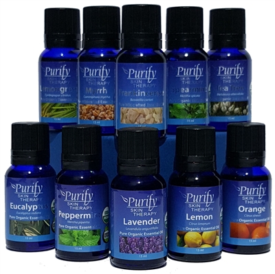 TOP 10 ESSENTIAL OILS PACK, includes Orange, Lemon, Spearmint, Peppermint, Eucalyptus radiata, Frankincense, Lavender, Myrrh, Tea Tree, Lemongrass essential oils by purify skin therapy, 100% pure, certified organic & wildcrafted essential oils