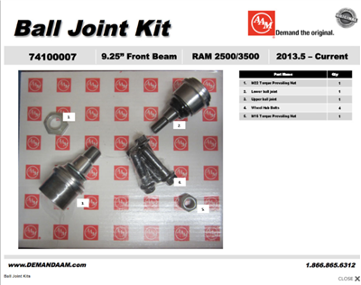Dodge Ram 2500/3500 AAM 9.25" Solid Front Axle Ball Joint Kit 2013.5 & Up, 74100007