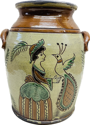 Wood Fired Colonial Woman and Bird Jar $250