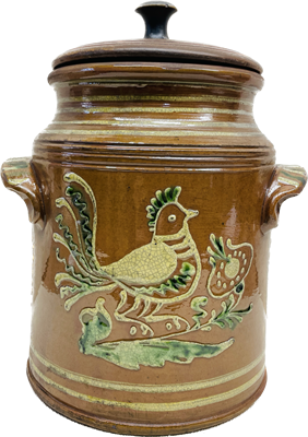 Wood Fired Double Handled Bird on Flower Jar with Wooden Lid $300