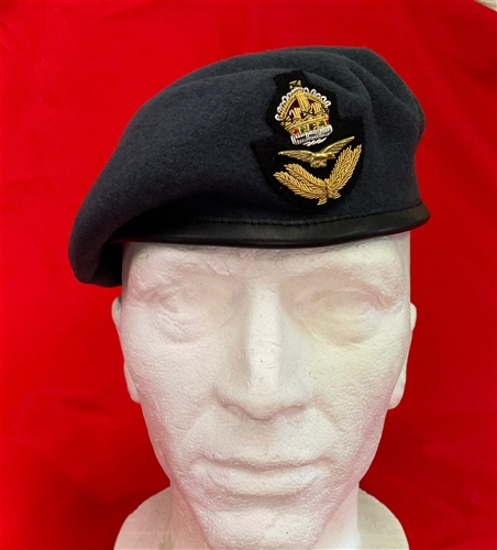 This is a high quality Royal Air Force Officers Beret and Old Style Tudor  Crown Embroidered Bullion Wire Beret Badge. Silk Lined, Leather Banded Beret