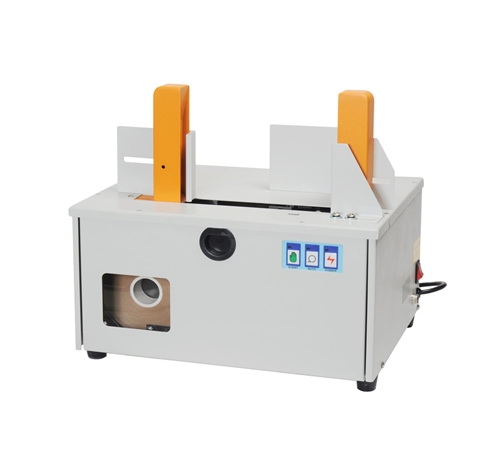 PP-01 Paper Banding Machine showing tape compatibility and dimensions, ideal for efficient packaging solutions.