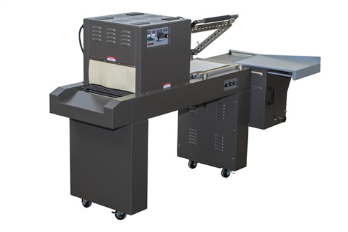 PP-1519 ECMC Semi-Automatic L-Bar Sealer with attached tunnel, featuring Micro Knife Technology and high-speed operation for effective packaging