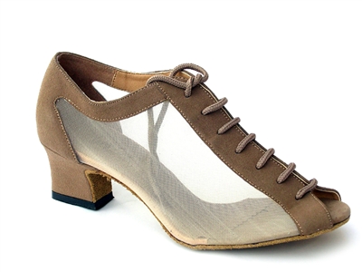Style 1643 Brown Nubuck & Flesh Mesh Cuban Heel - Women's Dance Shoes | Blue Moon Ballroom Dance Supply