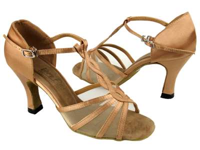 Style 1692 Brown Satin & Flesh Mesh - Women's Dance Shoes | Blue Moon Ballroom Dance Supply