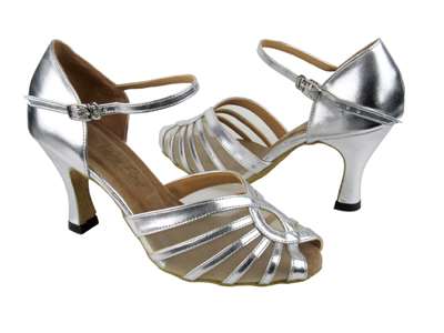 Style 2719 Silver Leather & Flesh Mesh - Women's Dance Shoes | Blue Moon Ballroom Dance Supply