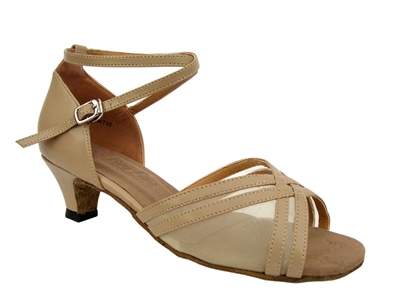 Style 5017 Tan Leather & Flesh Mesh Cuban Heel - Women's Dance Shoes | Blue Moon Ballroom Dance Supply