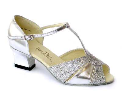 Style 6006 Silver Leather Silver Sparklenet Thick Cuban Heel | Blue Moon Ballroom Dance Supply