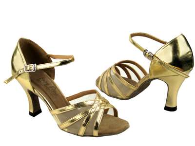 Style 6027 Gold Leather & Flesh Mesh - Women's Dance Shoes | Blue Moon Ballroom Dance Supply