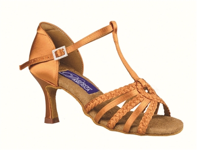 Style DA Madison Dark Tan Satin Open Toe Shoe - Shoes | Blue Moon Ballroom Dance Supply