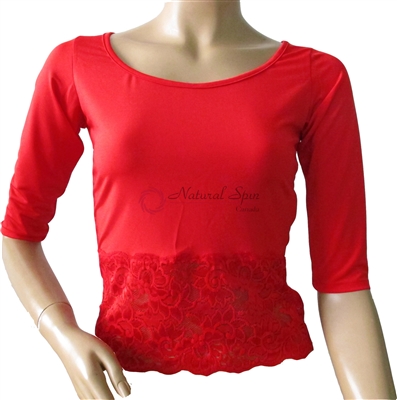 Style NS L08001A Red Fitted Lace Midriff LS Top