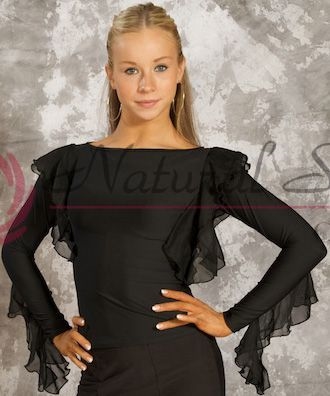 Style NS M024T Black Boat Neck Ruffled LS Top - Dancewear | Blue Moon Ballroom Dance Supply