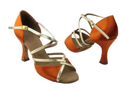 Style S92318 Orange Tan Satin & Gold Trim - Ladies Dance Shoes | Blue Moon Ballroom Dance Supply