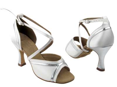 Style S92332 White Satin & Silver Trim - Ladies Dance Shoes | Blue Moon Ballroom Dance Supply