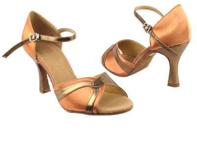 Style SERA3710 Tan Satin & Dark Tan Gold Trim - Ladies Dance Shoes | Blue Moon Ballroom Dance Supply